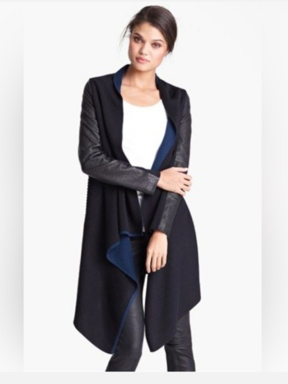 Yigal Azrouel Black and Blue Asymmetrical Leather Jacket Sweater Coat